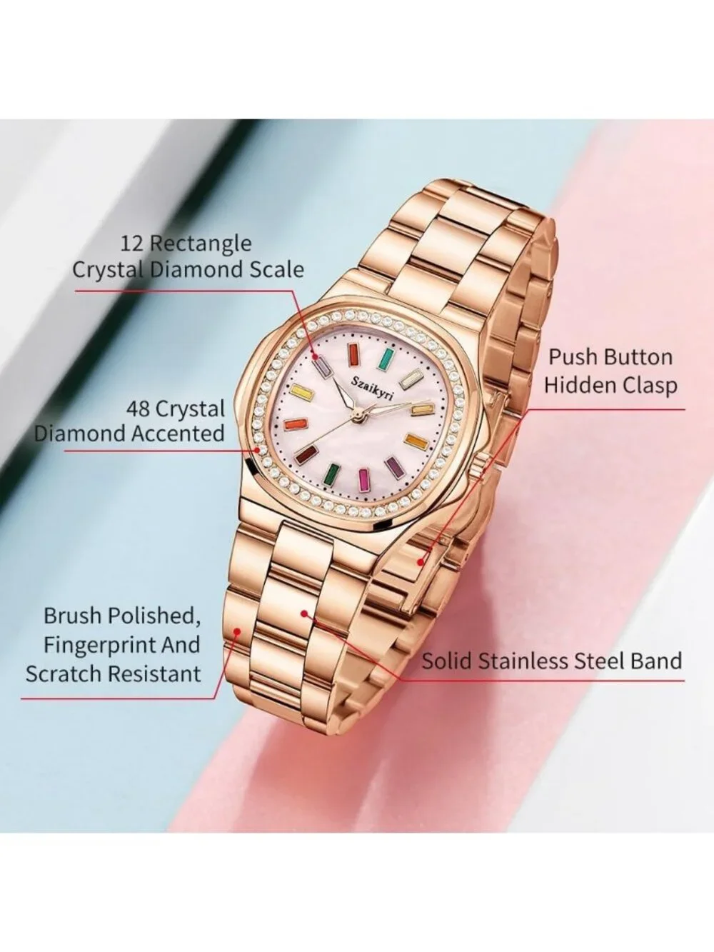 Women's Rose Gold Crystal Accented Solid Stainless Steel Band Dress Wrist Watch